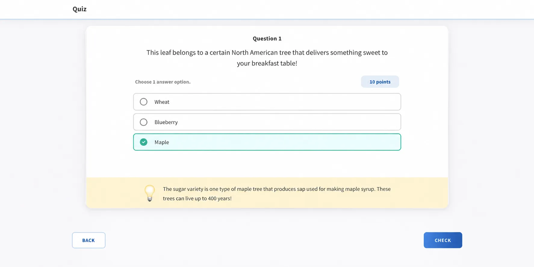 A quiz question with inline feedback