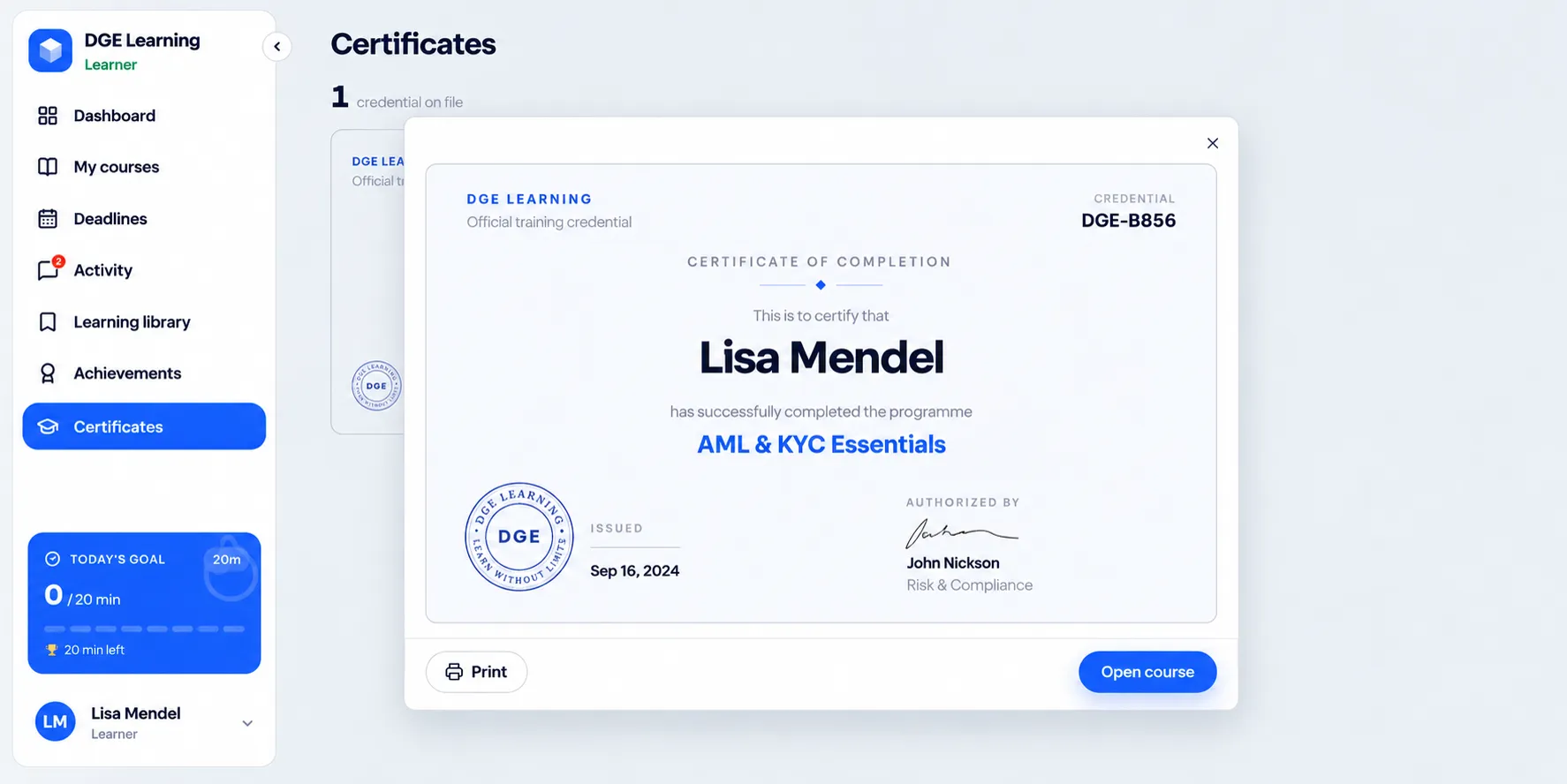 A completion certificate